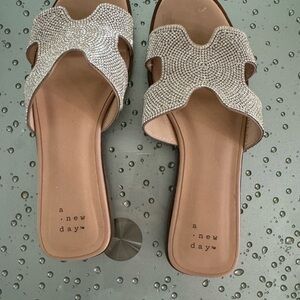 "A New Day" Silver BeJeweled Flats Sandals Slides Women's 6